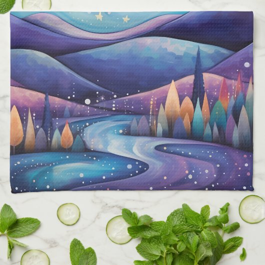 Whimsisches Nachtleben Big Moon Landschaft Geschirrtuch (Gefaltet)
