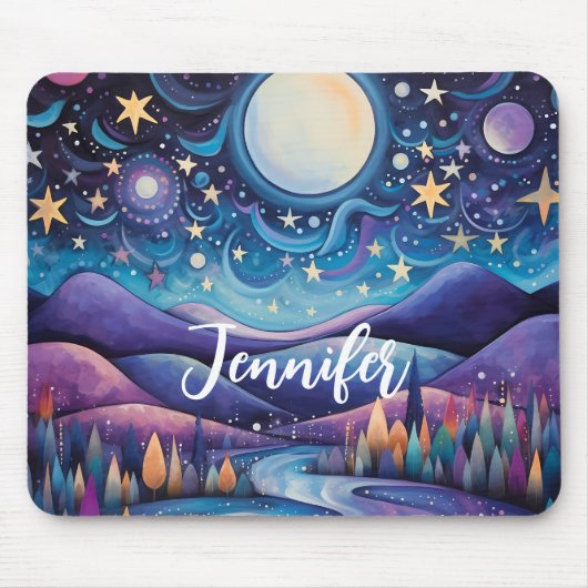 Whimsisches Nachtleben Big Moon Landschaft Mousepad (Vorne)