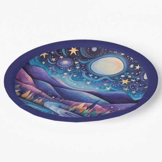 Whimsisches Nachtleben Big Moon Landschaft Pappteller (Schrägansicht)
