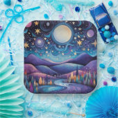 Whimsisches Nachtleben Big Moon Landschaft Pappteller (Party)