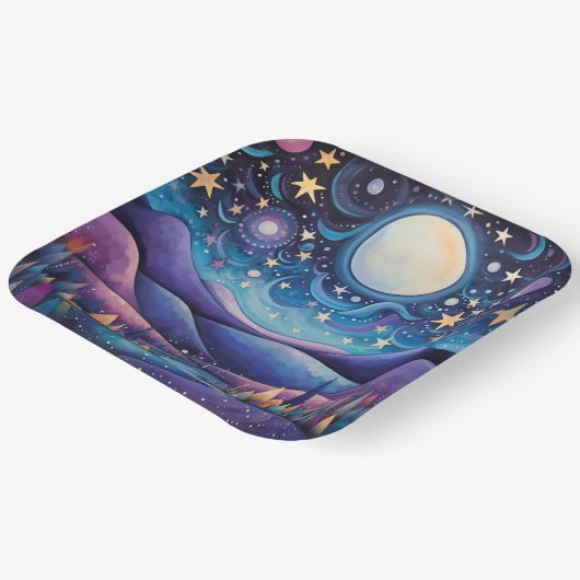 Whimsisches Nachtleben Big Moon Landschaft Pappteller (Gewinkelt)