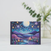 Whimsisches Nachtleben Big Moon Landschaft Postkarte (Stehend Vorderseite)