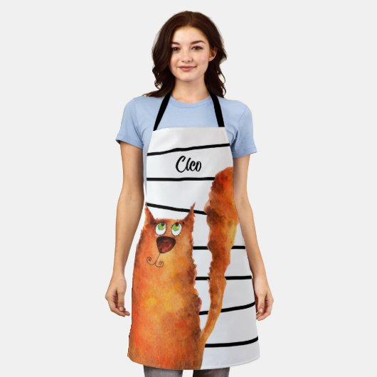 Whimsisches, neugieriges Katzen auf Streifenmuster Schürze (Getragen)