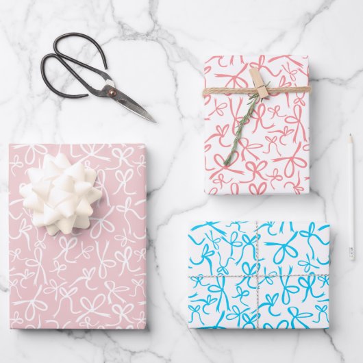 Whimsisches Niedlich Pink Blue Bows Muster Girly G Geschenkpapier Set (Vorderseite)