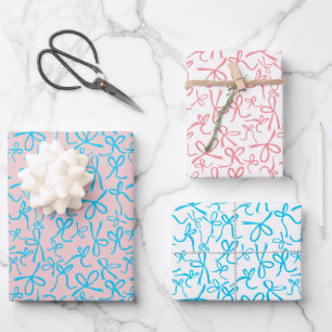 Whimsisches Niedlich Pink Blue Bows Muster Girly G Geschenkpapier Set