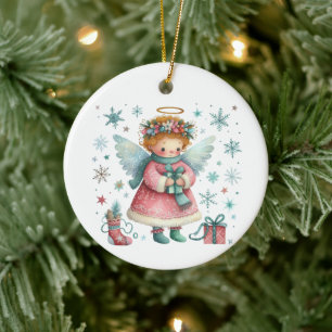 Whimsisches Niedlich Pink und Blauer Weihnachtsgel Keramik Ornament