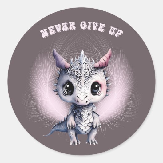 Whimsisches Niedliches Feather Dragon "Never Give  Runder Aufkleber (Vorderseite)