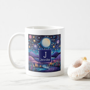 Whimsisches Night Big Moon Landscape Monogramm Kaffeetasse