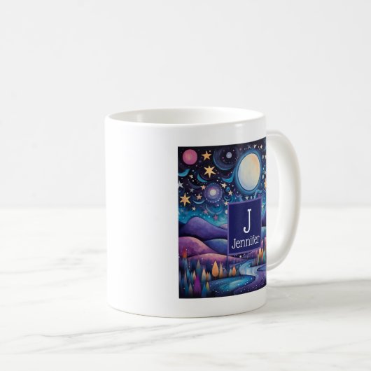 Whimsisches Night Big Moon Landscape Monogramm Kaffeetasse (VorderseiteRechts)
