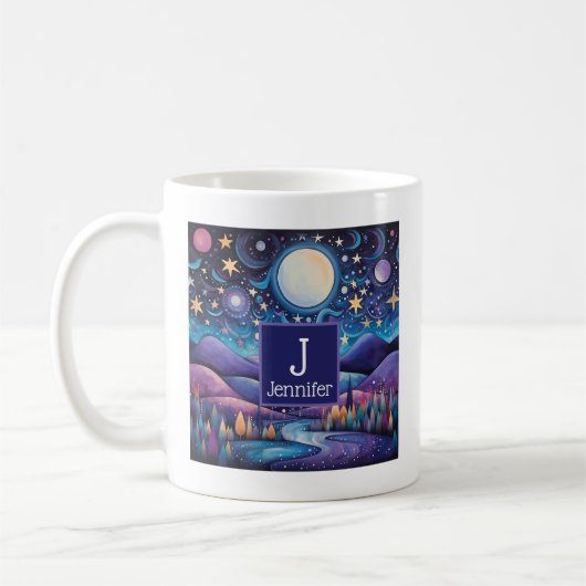 Whimsisches Night Big Moon Landscape Monogramm Kaffeetasse (Links)