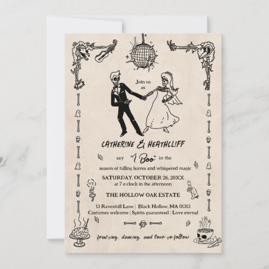 Whimsisches Party Skelette bis zum Tod Einladung (Vorderseite)