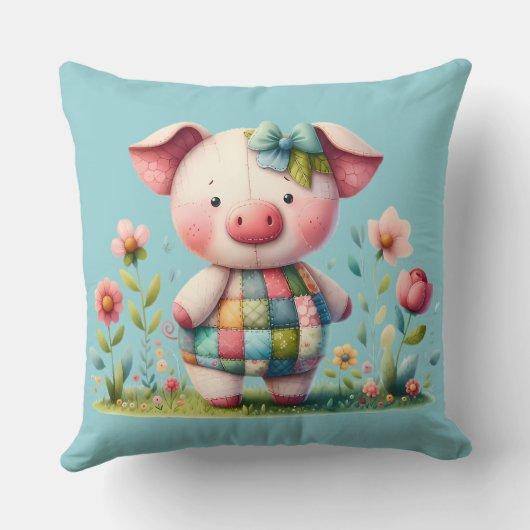 Whimsisches Patchwork Schweinefleisch im Blumengar Kissen (Rückseite)