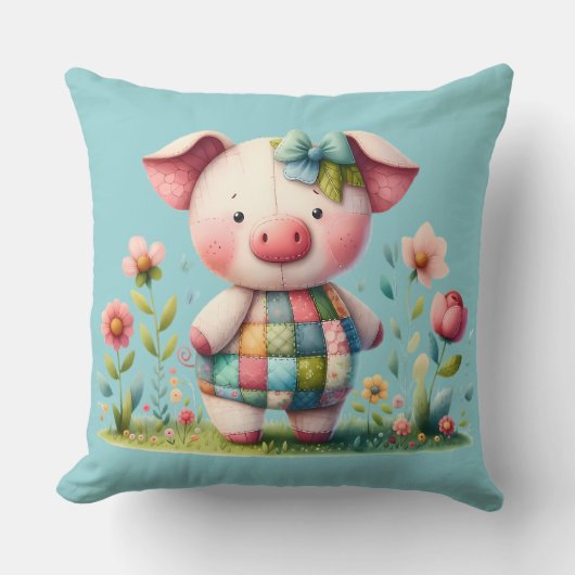 Whimsisches Patchwork Schweinefleisch im Blumengar Kissen (Vorderseite)