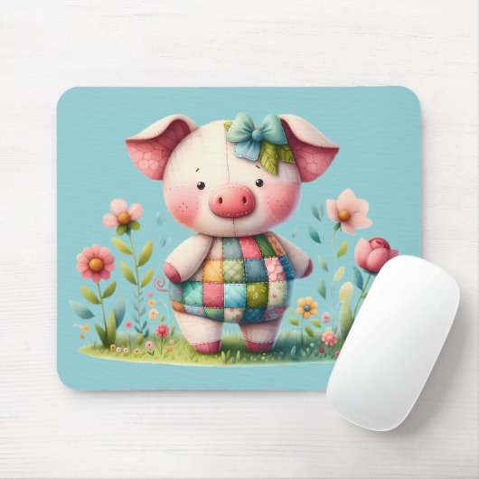 Whimsisches Patchwork Schweinefleisch im Blumengar Mousepad (Mit Mouse)