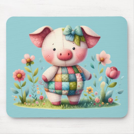 Whimsisches Patchwork Schweinefleisch im Blumengar Mousepad (Vorne)