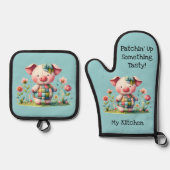 Whimsisches Patchwork Schweinefleisch im Blumengar Ofenhandschuh & Topflappen-Set (Vorderseite)