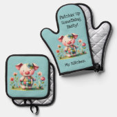 Whimsisches Patchwork Schweinefleisch im Blumengar Ofenhandschuh & Topflappen-Set (Vorderseite/Rückseite)