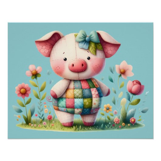 Whimsisches Patchwork Schweinefleisch im Blumengar Poster (Vorderseite)