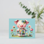 Whimsisches Patchwork Schweinefleisch im Blumengar Postkarte (Stehend Vorderseite)