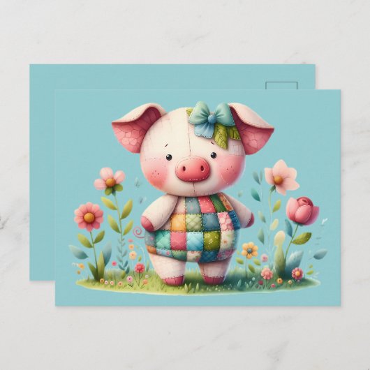 Whimsisches Patchwork Schweinefleisch im Blumengar Postkarte (Vorne/Hinten)