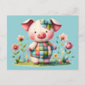 Whimsisches Patchwork Schweinefleisch im Blumengar Postkarte (Vorderseite)
