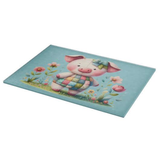 Whimsisches Patchwork Schweinefleisch im Blumengar Schneidebrett (Ecke)