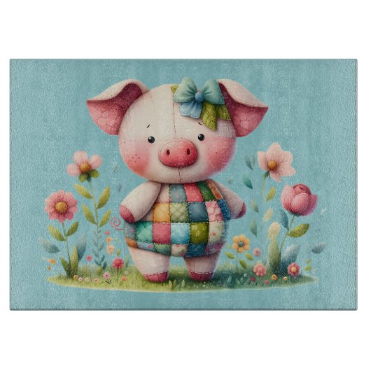 Whimsisches Patchwork Schweinefleisch im Blumengar Schneidebrett (Vorderseite)