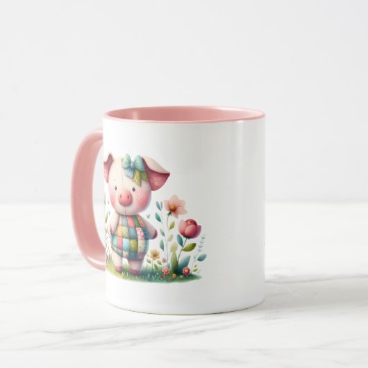 Whimsisches Patchwork Schweinefleisch im Blumengar Tasse (Vorderseite Links)