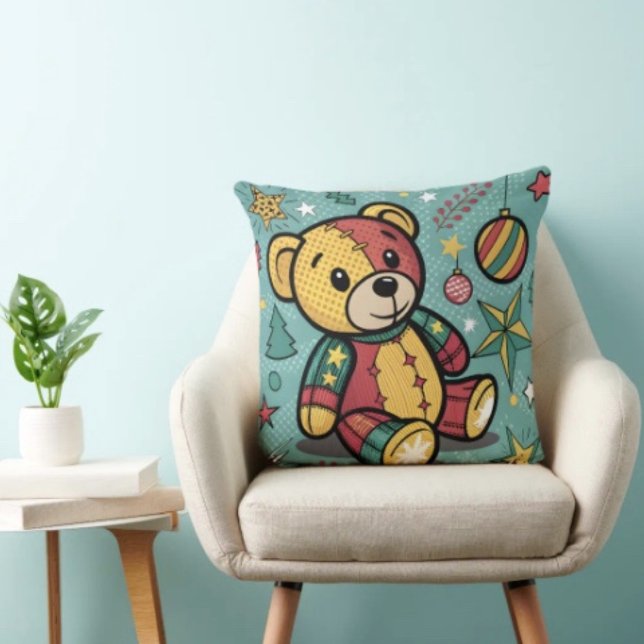 Whimsisches Patchwork Weihnachtsbär Kissen (Throw Pillow 100% polyester heavyweight stretch material. Hidden zipper Made in the USA.
)