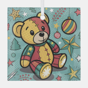 Whimsisches Patchwork Weihnachtsbär Ornament Aus Glas
