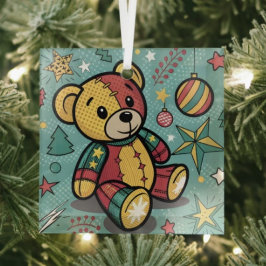 Whimsisches Patchwork Weihnachtsbär Ornament Aus Glas