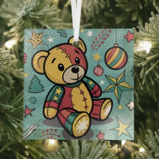 Whimsisches Patchwork Weihnachtsbär Ornament Aus Glas