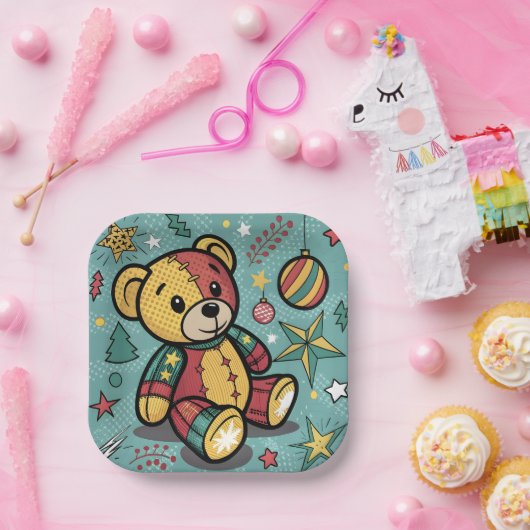 Whimsisches Patchwork Weihnachtsbär Pappteller (Party)