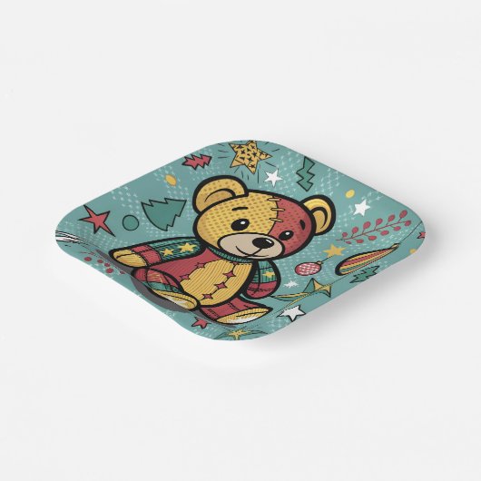 Whimsisches Patchwork Weihnachtsbär Pappteller (Gewinkelt)