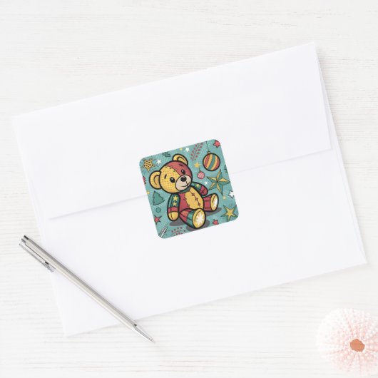 Whimsisches Patchwork Weihnachtsbär Quadratischer Aufkleber (Umschlag)