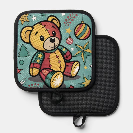 Whimsisches Patchwork Weihnachtsbär Topflappen (Vorderseite/Rückseite)