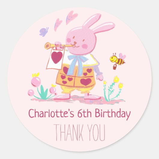 Whimsisches Pink Bunny im Garten Wasserfarbe Runder Aufkleber (Vorderseite)