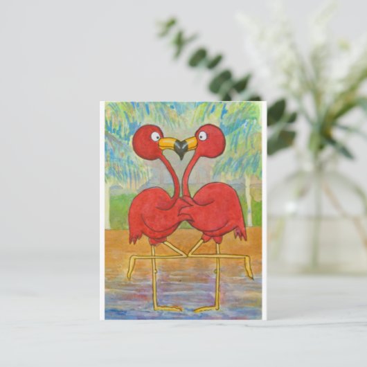 Whimsisches Pink Flamingo Pair auf der Insel Art Postkarte (Stehend Vorderseite)