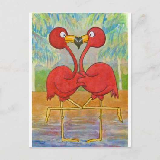 Whimsisches Pink Flamingo Pair auf der Insel Art Postkarte (Vorderseite)