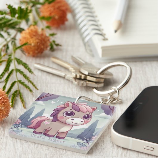 Whimsisches Pink und Lila Pony Charm Keeper Schlüsselanhänger (Vorderseite rechts)