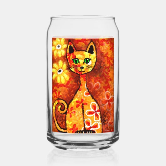 Whimsisches Retro Kitty Cat Orange Red Floral Gelb Dosenglas (Vorderseite)