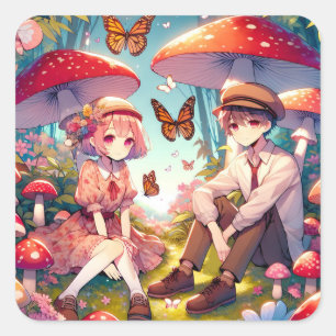 Whimsisches Romantisches Anime Couple Quadratischer Aufkleber