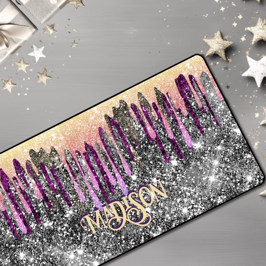 Whimsisches Rosa lila Glitzer Gold Tropfen Monogra Schreibtischunterlage