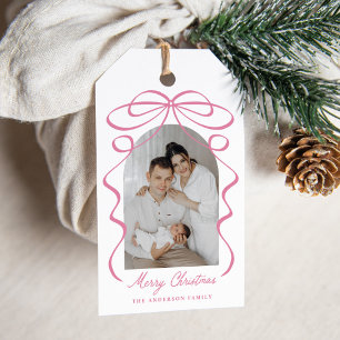 Whimsisches rosa Schleifenband-Bogen-Foto Weihnach Geschenkanhänger