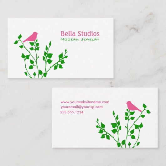 Whimsisches Rosa und grüner Niedlicher Vogel Visitenkarte (Vorne/Hinten)