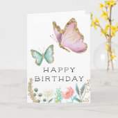 Whimsisches Rosa und Minzschmetterling zum Geburts Karte (Gelbe Blume)