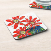 Whimsisches Rotes Blume Getränkeuntersetzer (Linke Seite)