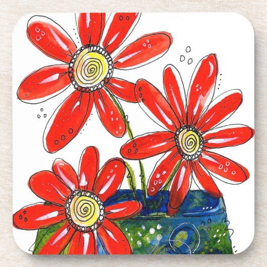 Whimsisches Rotes Blume Getränkeuntersetzer (Vorderseite)
