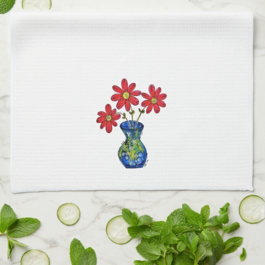 Whimsisches Rotes Blume in Blue Vase Geschirrtuch (Gefaltet)