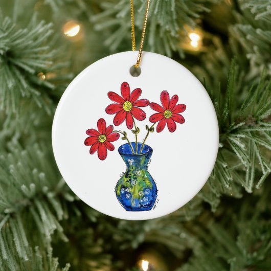 Whimsisches Rotes Blume in Blue Vase Keramik Ornament (Baum)